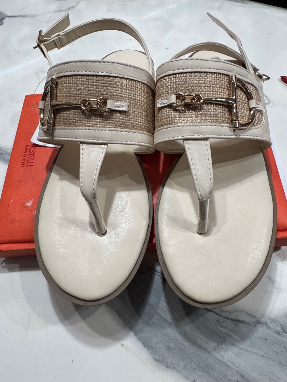 Rouge Helium Sandals Womens 8.5 Beige Woven Raffia Horsebit Buckle Flat